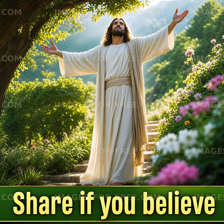 Man with arms raised in nature expressing faith