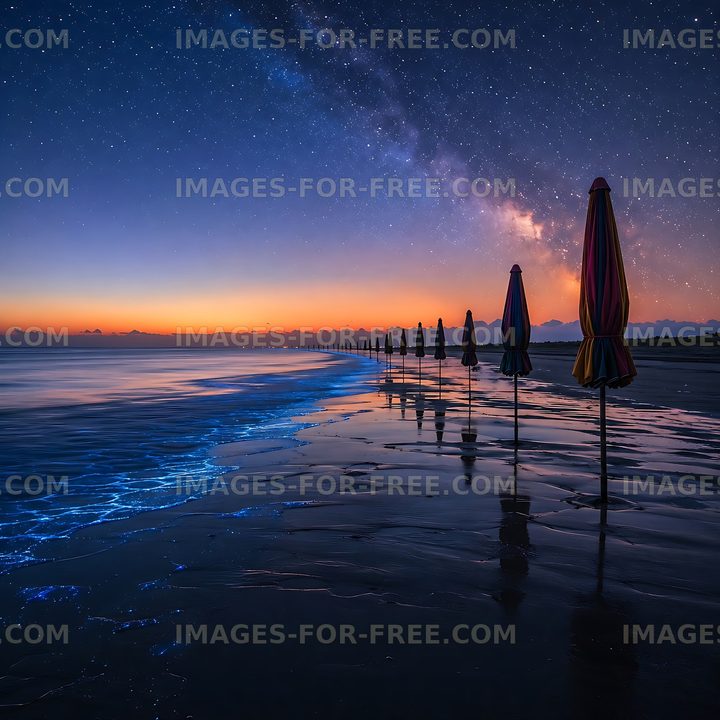 Milky way over beach with umbrellas in evening light