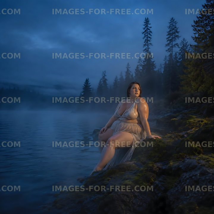 Woman sitting by a lake at dusk surrounded by trees