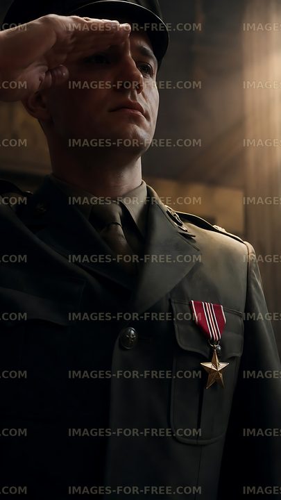 Soldier saluting with medals in formal uniform