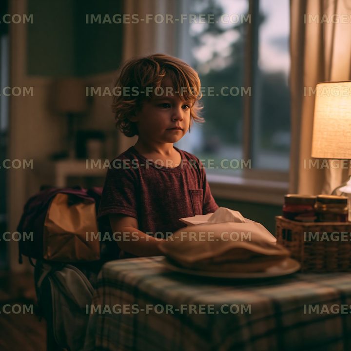 Child standing at table indoors with snacks in the evening