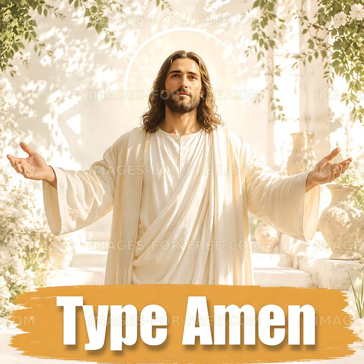 Jesus standing with open arms in a garden setting