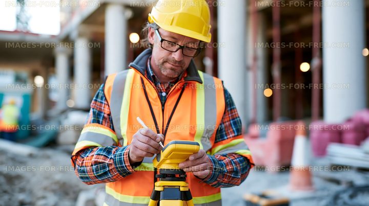 Construction worker using a level on a building site