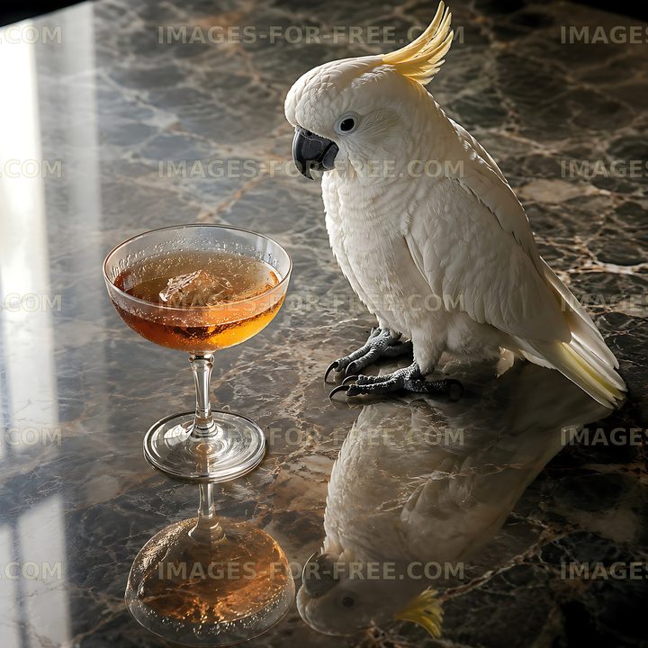 Cockatoo sits beside a drink on a marble table
