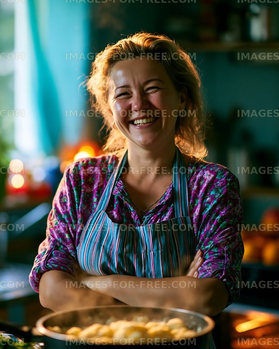 Joyful woman cooking in a home kitchen