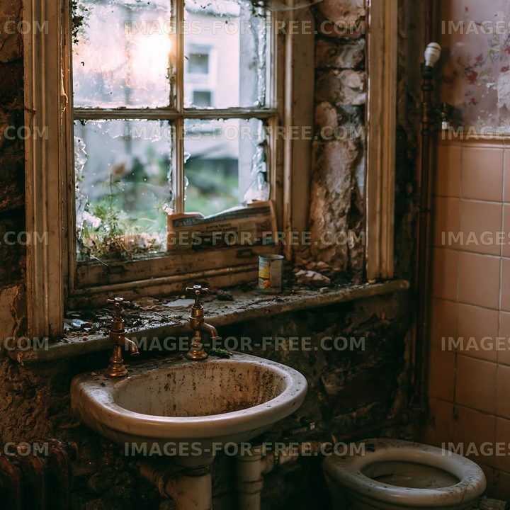 Old bathroom with sink and window in a rundown house
