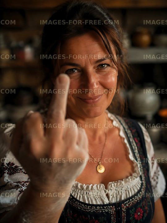 Woman showing middle finger with smile in kitchen