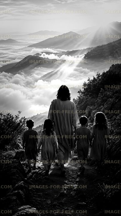 Figures walking on a pathway in a mountainous landscape