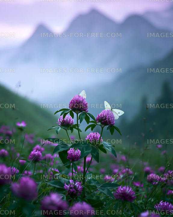 Butterflies on purple flowers in a mountain valley