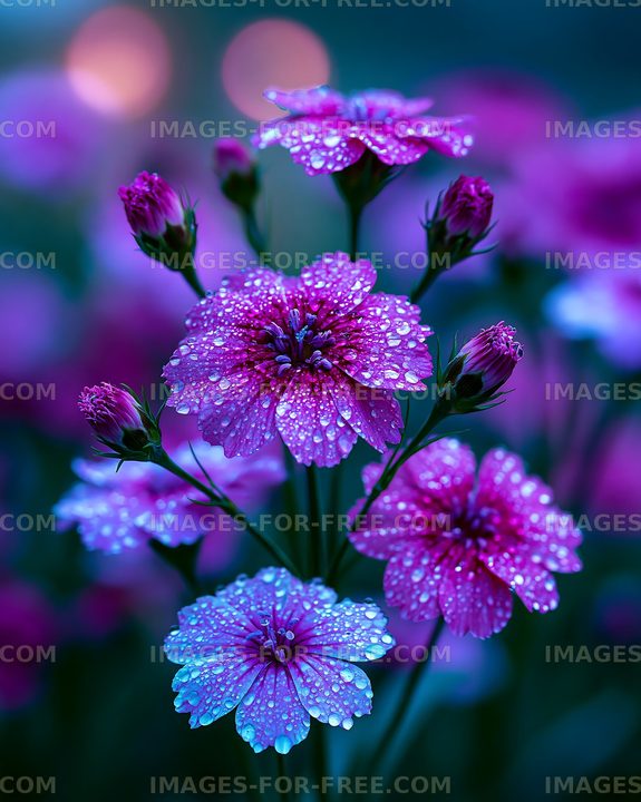 Dew-covered pink flowers in soft evening light