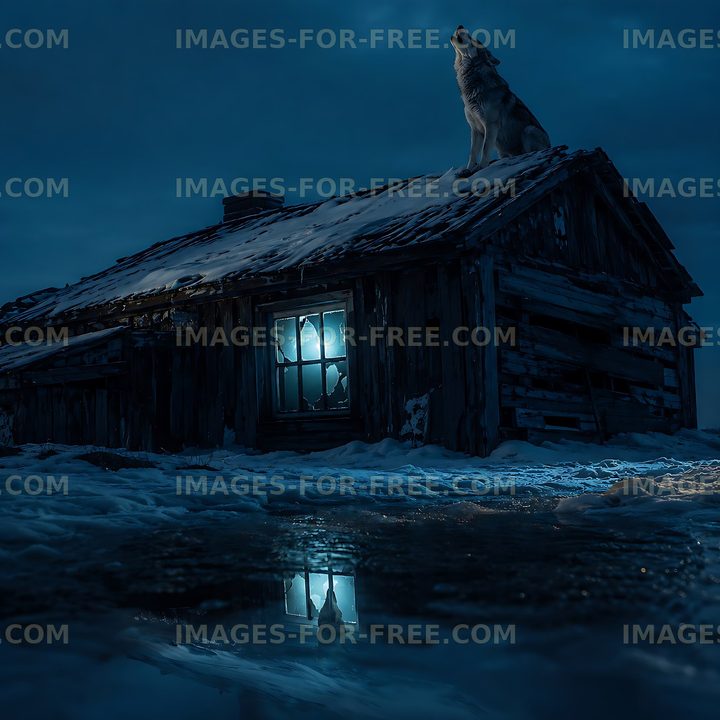 Wolf howls at night outside an old cabin