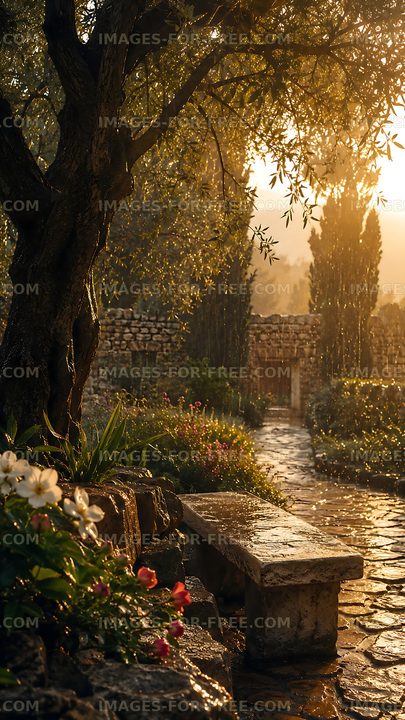 Morning light in a garden after rain