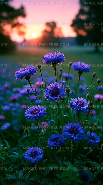 Purple flowers during sunset in a field