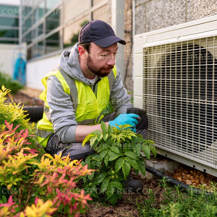Worker performs maintenance on outdoor air conditioning unit