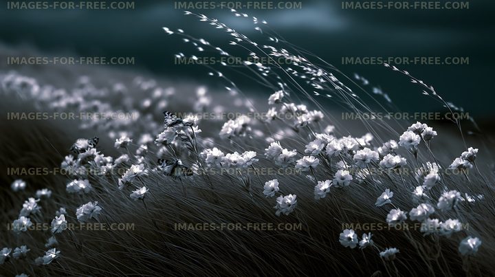 White flowers in a field swaying in the wind at dusk