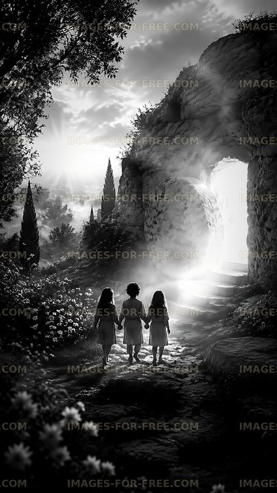 Children walking towards a glowing portal in a garden
