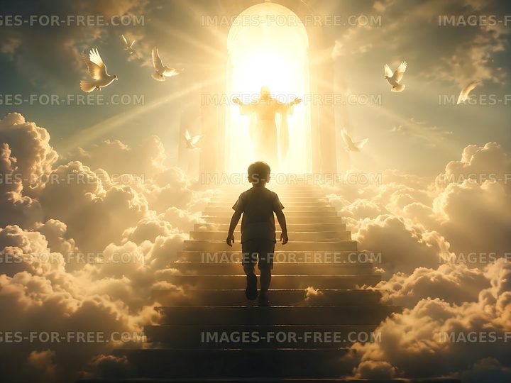 Child walking towards a figure in a bright doorway among clouds