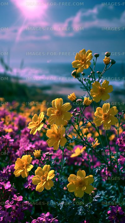 Vibrant flowers in bloom by the ocean shore during sunset
