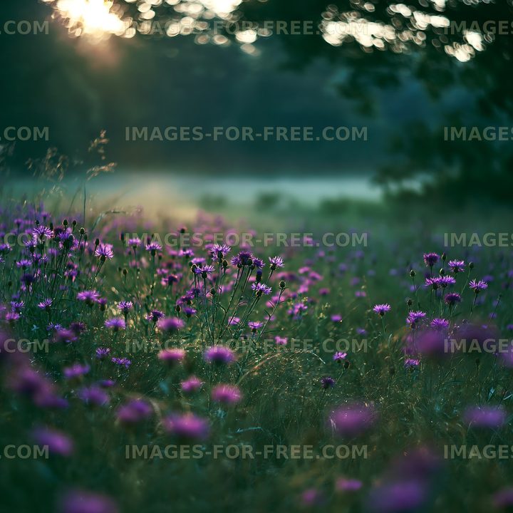 Morning sunlight over blooming wildflowers in a grassy field