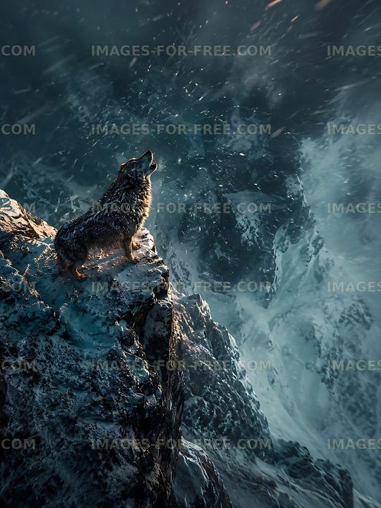 Wolf howling on a snowy mountain cliff during winter