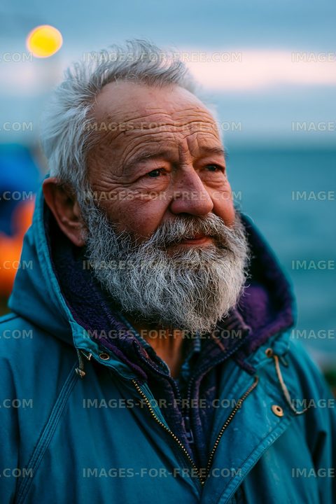Elderly man with beard standing near water at sunset