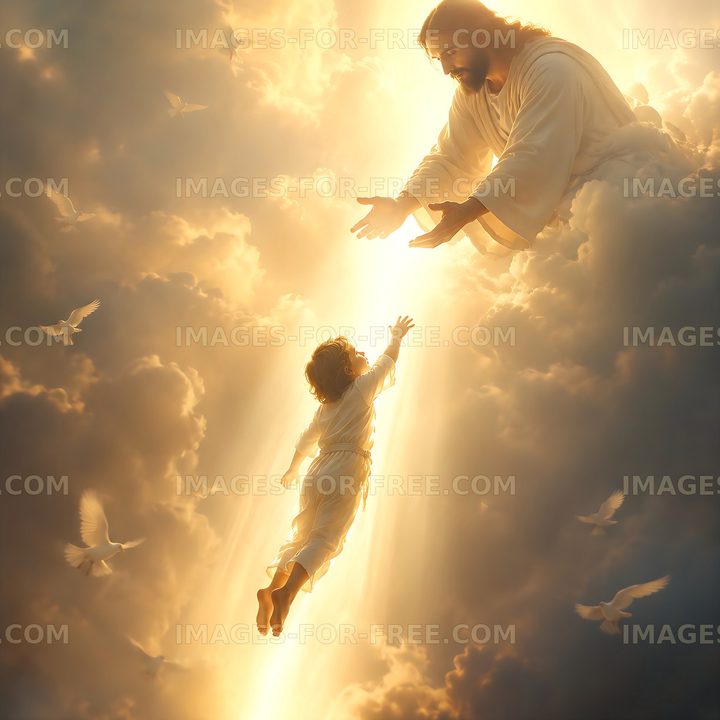 Jesus reaching out to a child in a heavenly scene
