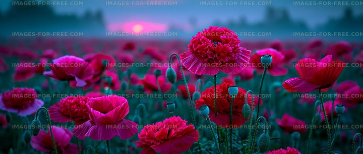 Vibrant flowers bloom under a colorful sunset in the field