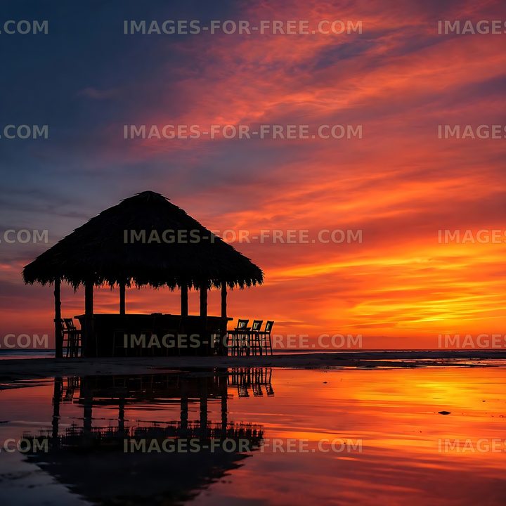 Sunset at beach hut with silhouetted chairs and reflections