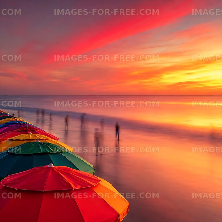 Colorful umbrellas on the beach at sunset with people walking