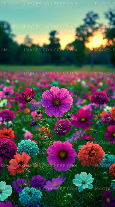 Colorful flower field at sunset