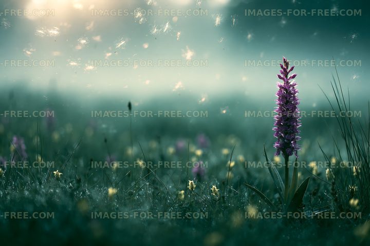 Foggy field with blooming purple flower and other plants
