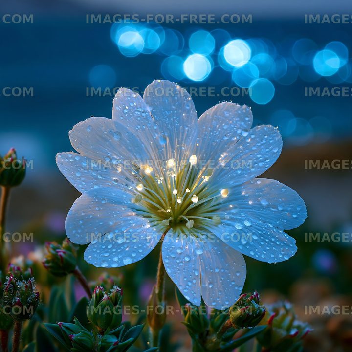 Flower with drops of water against a blue background