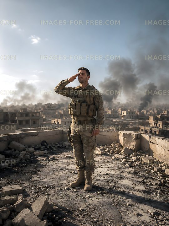 Soldier saluting in a war-torn city amid smoke