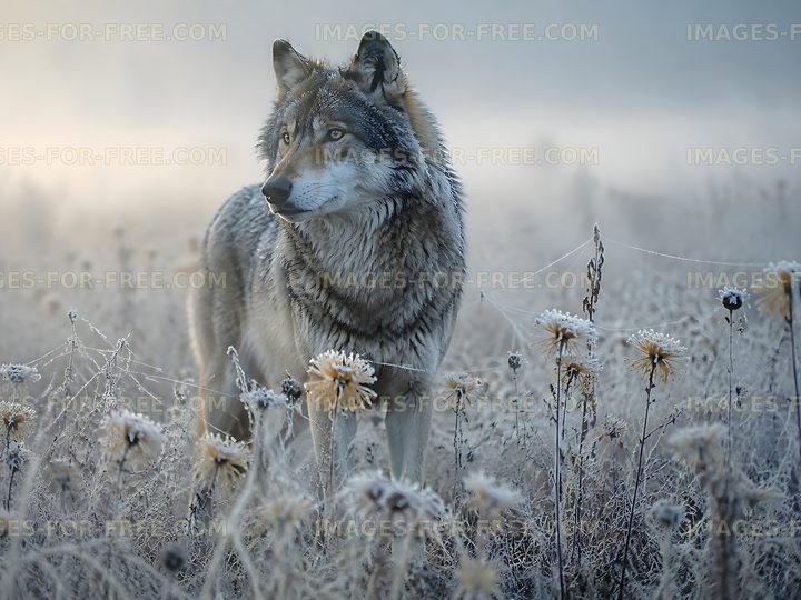 Wolf standing in a frosty field at dawn