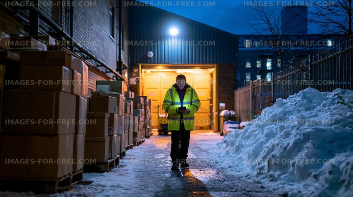 Worker in safety vest stands in snowy alley by warehouse door