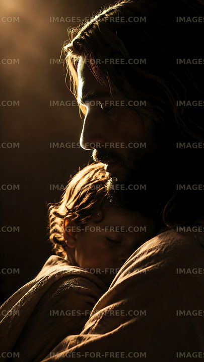 Father holding child in dim light