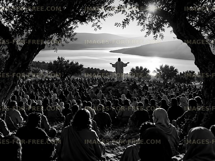 Man speaking to a crowd near a body of water