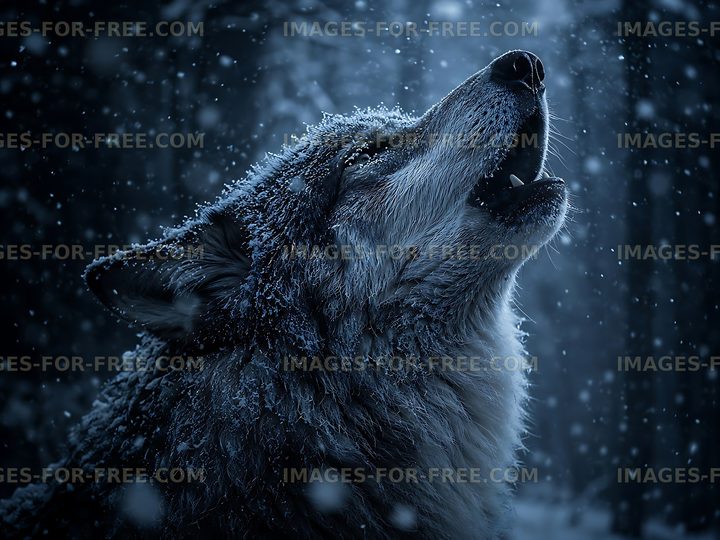 Wolf howling in a snowy forest during winter night