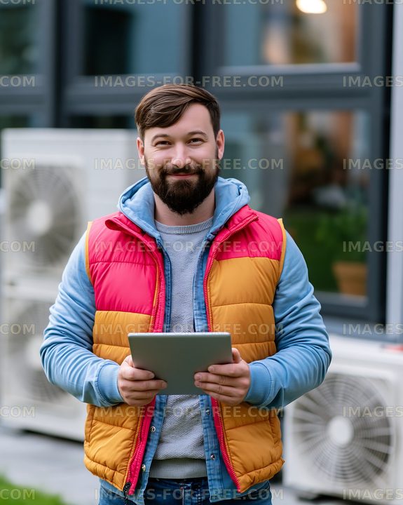 Man holding tablet in colorful vest outdoors