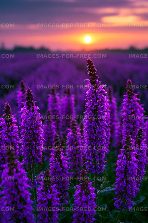 Purple flowers under sunset in a field