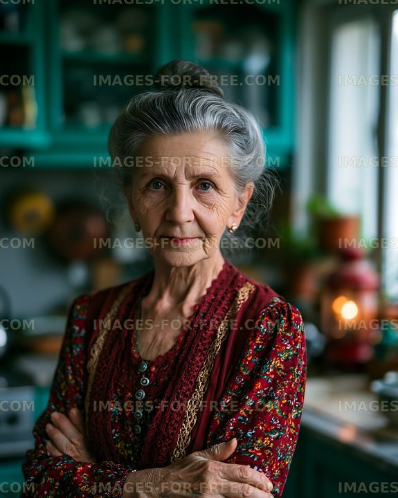 Elderly woman standing in a cozy kitchen with crossed arms