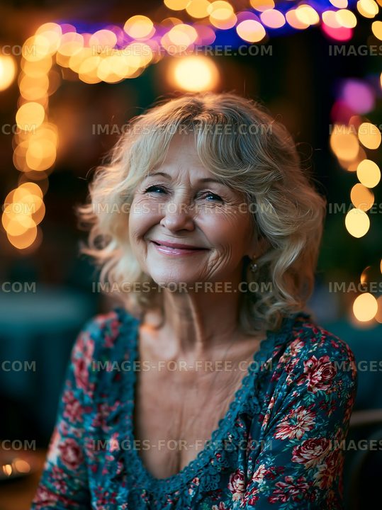 Smiling woman in a decorated setting with bokeh lights