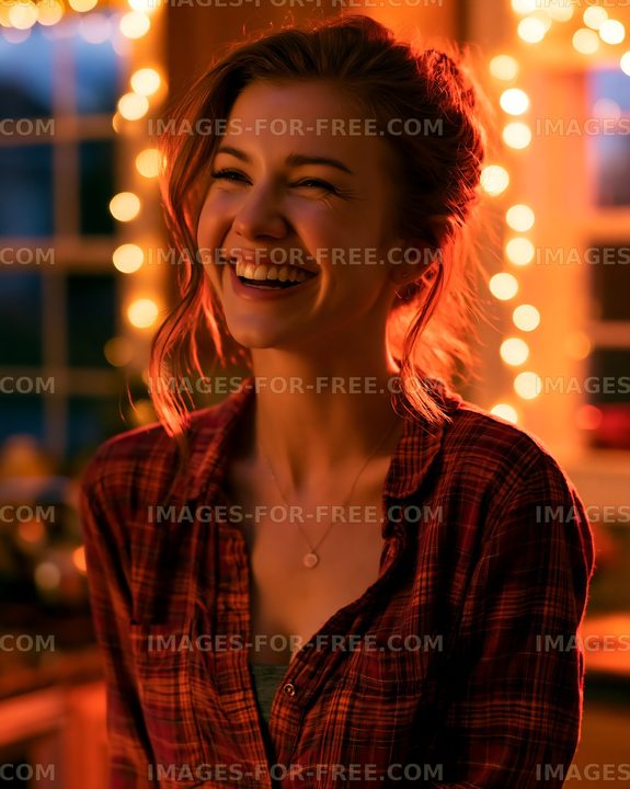 Smiling woman in cozy kitchen with warm lights