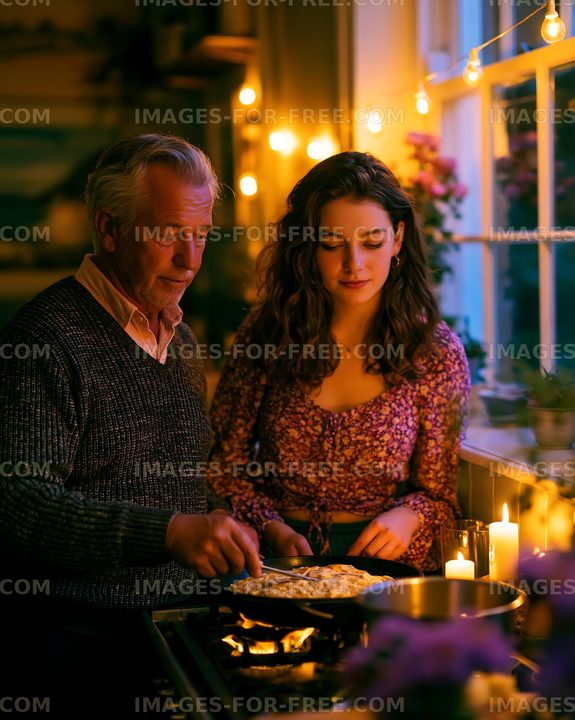 Cooking together in a cozy kitchen at night