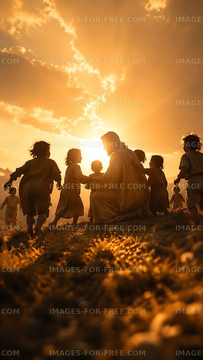 Children playing around a figure at sunset