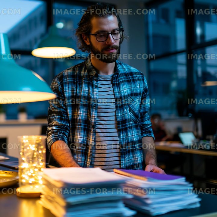 Man working at a desk in an office during the evening
