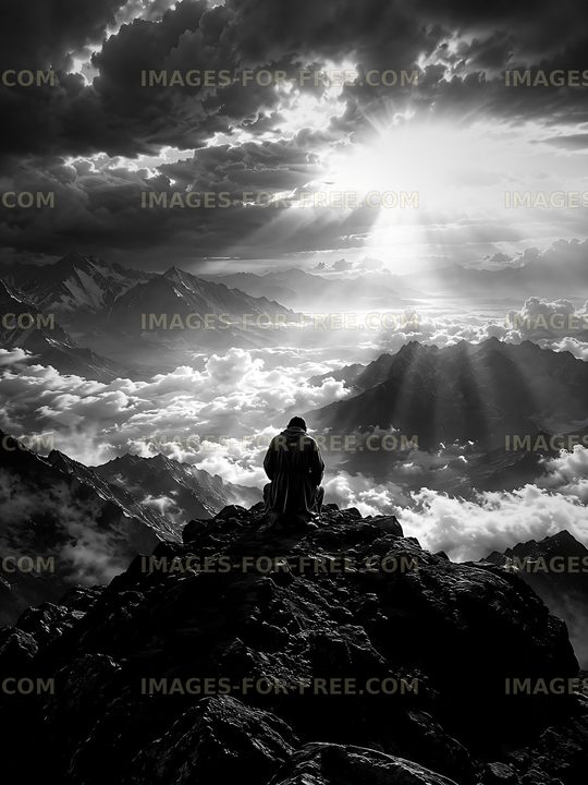 Man sitting on mountain peak overlooking clouds and valleys