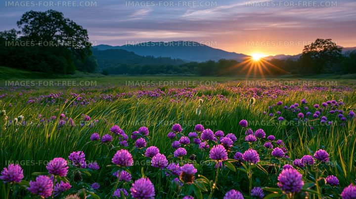 Bright sunrise over a field of purple flowers and green grass