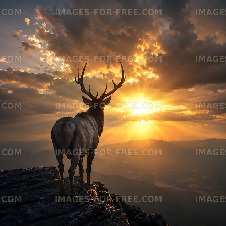 Deer standing on cliff at sunset against dramatic clouds