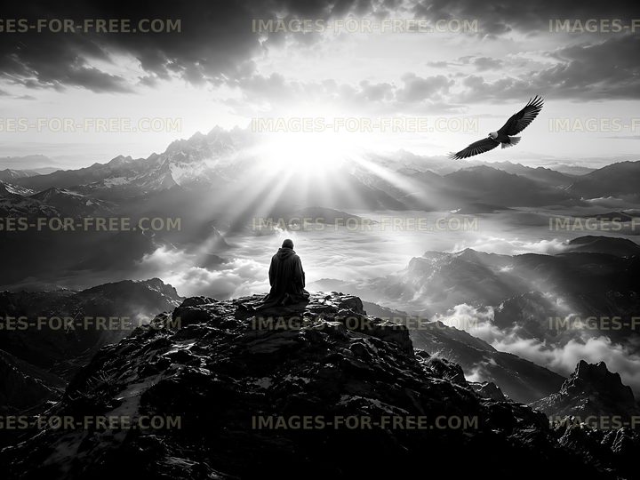 Person sitting on a rock with mountain view at sunrise